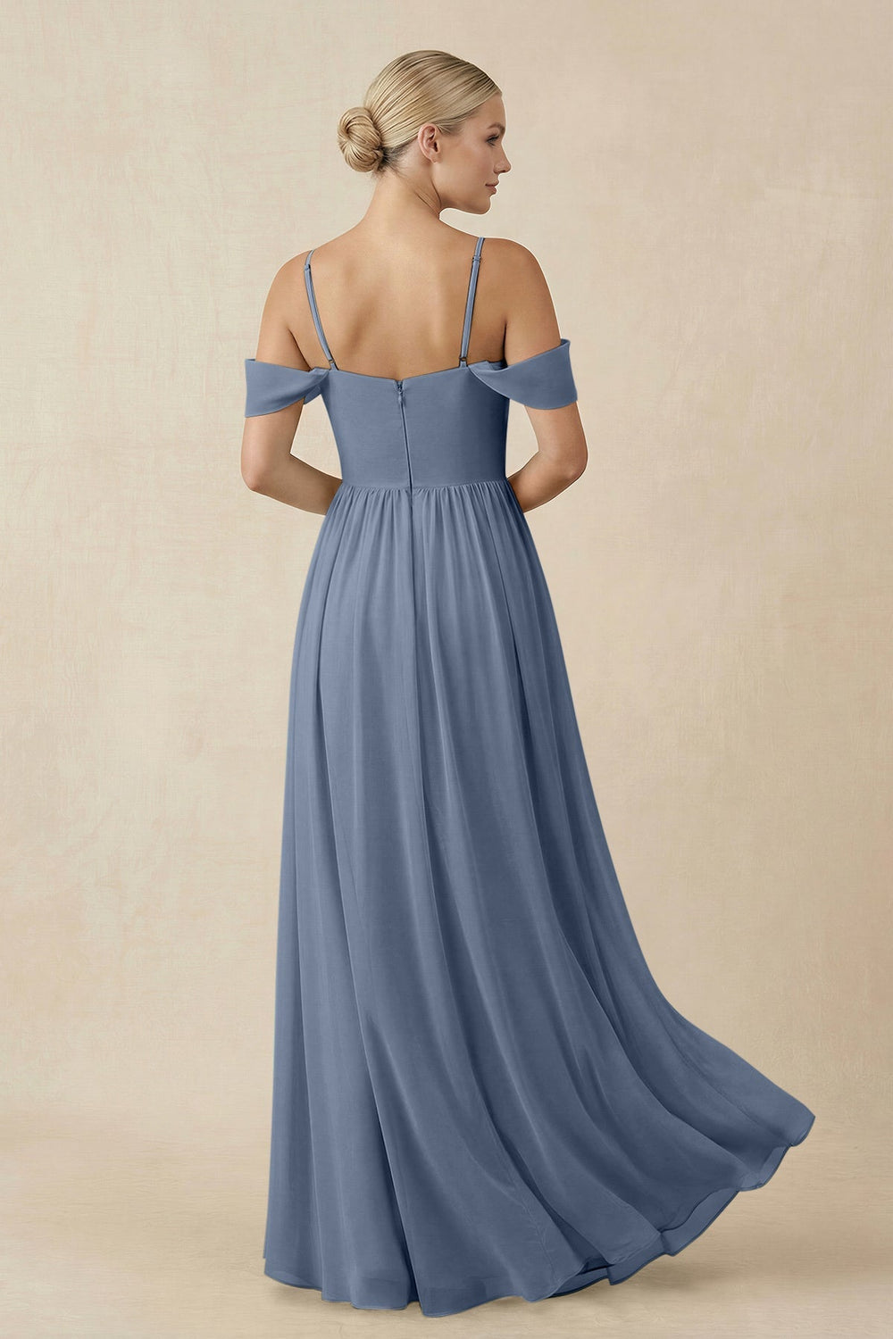 Off - the - Shoulder Sweetheart A - Line Chiffon Bridesmaid Dress in Neptune - SHE IS ME Bridesmaid Dresses