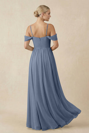 Off - the - Shoulder Sweetheart A - Line Chiffon Bridesmaid Dress in Neptune - KISS BRIDAL Bridesmaid Dresses