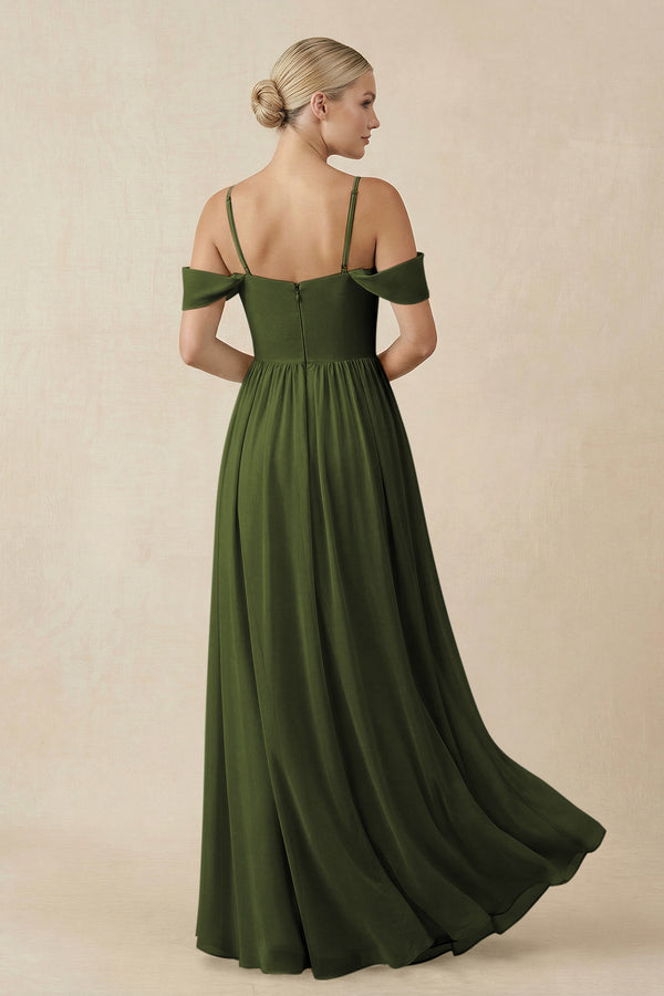 Off - the - Shoulder Sweetheart A - Line Chiffon Bridesmaid Dress in Olive - KISS BRIDAL Bridesmaid Dresses