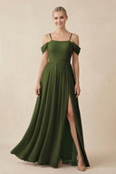 Off - the - Shoulder Sweetheart A - Line Chiffon Bridesmaid Dress in Olive - KISS BRIDAL Bridesmaid Dresses