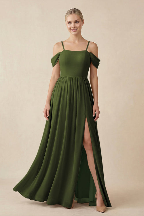 Off - the - Shoulder Sweetheart A - Line Chiffon Bridesmaid Dress in Olive - KISS BRIDAL Bridesmaid Dresses