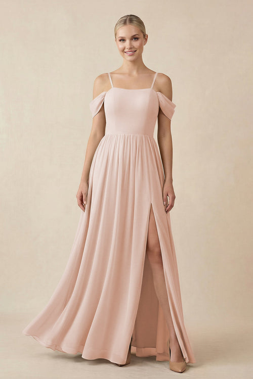 Off - the - Shoulder Sweetheart A - Line Chiffon Bridesmaid Dress in Pale Blush - KISS BRIDAL Bridesmaid Dresses