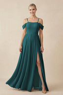Off - the - Shoulder Sweetheart A - Line Chiffon Bridesmaid Dress in Pine - KISS BRIDAL Bridesmaid Dresses