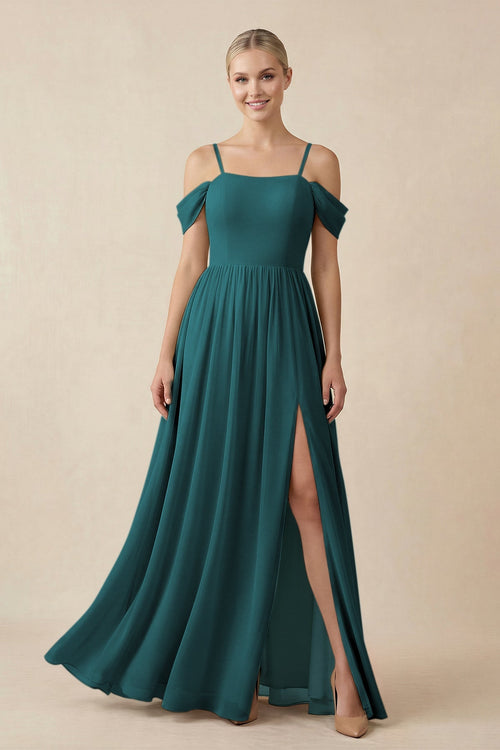 Off - the - Shoulder Sweetheart A - Line Chiffon Bridesmaid Dress in Pine - KISS BRIDAL Bridesmaid Dresses