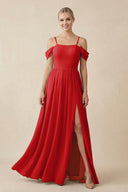 Off - the - Shoulder Sweetheart A - Line Chiffon Bridesmaid Dress in Ruby Red - SHE IS ME Bridesmaid Dresses