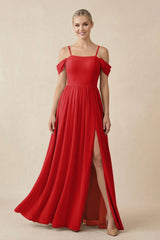 Off - the - Shoulder Sweetheart A - Line Chiffon Bridesmaid Dress in Ruby Red - KISS BRIDAL Bridesmaid Dresses