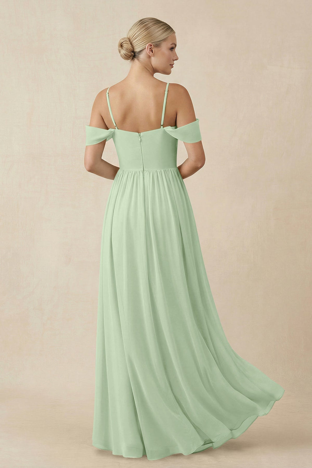 Off - the - Shoulder Sweetheart A - Line Chiffon Bridesmaid Dress in Sage - SHE IS ME Bridesmaid Dresses