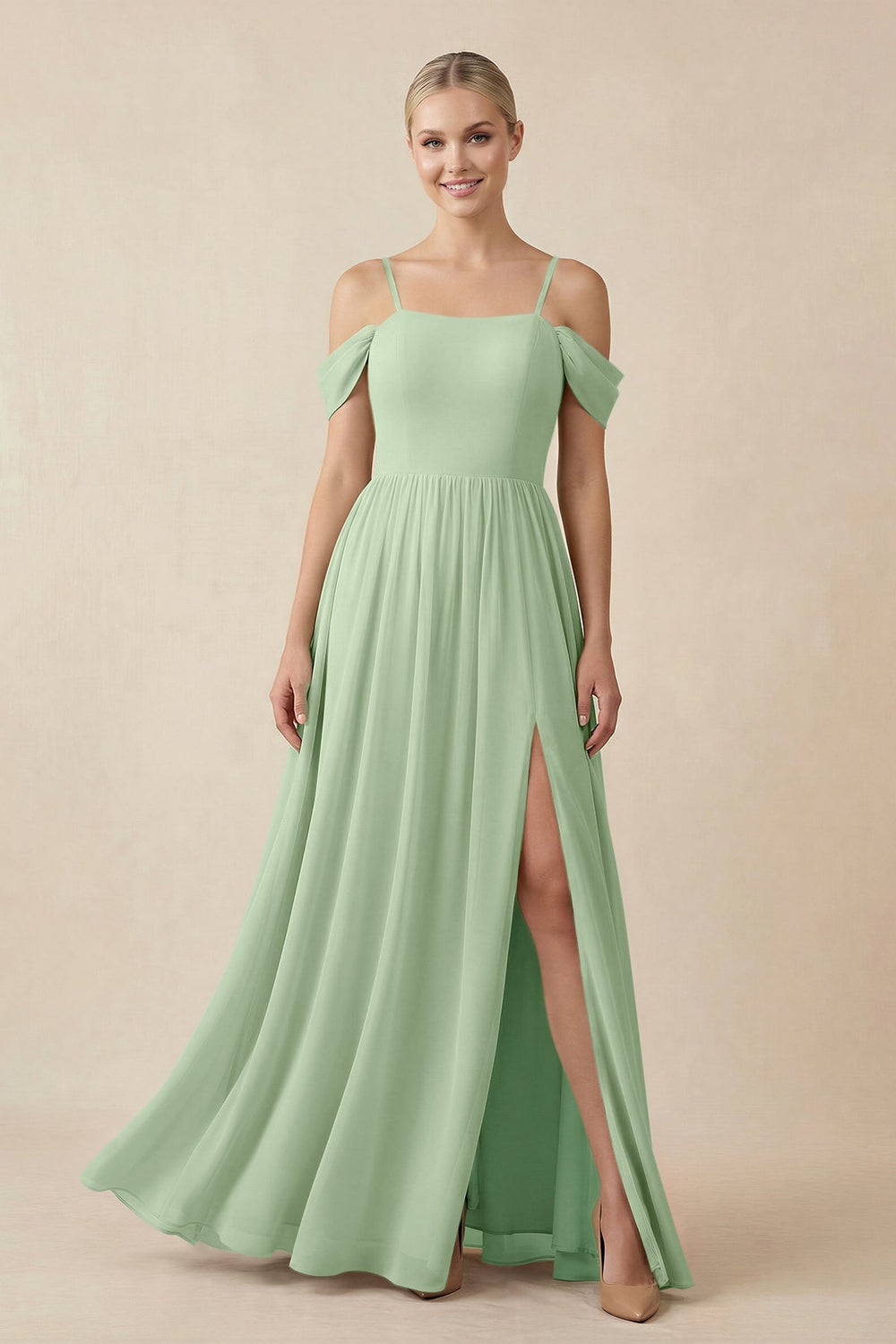 Off - the - Shoulder Sweetheart A - Line Chiffon Bridesmaid Dress in Sage - SHE IS ME Bridesmaid Dresses