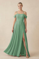 Off - the - Shoulder Sweetheart A - Line Chiffon Bridesmaid Dress in Sea Glass - SHE IS ME Bridesmaid Dresses