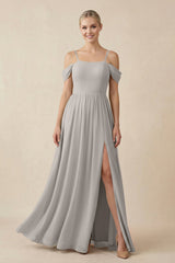 Off - the - Shoulder Sweetheart A - Line Chiffon Bridesmaid Dress in Silver - KISS BRIDAL Bridesmaid Dresses