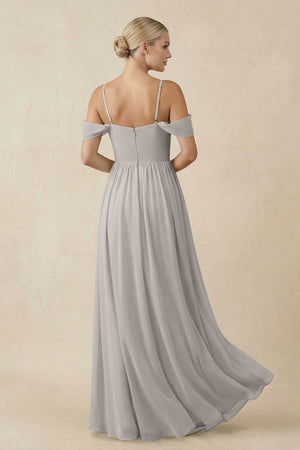 Off - the - Shoulder Sweetheart A - Line Chiffon Bridesmaid Dress in Silver - SHE IS ME Bridesmaid Dresses