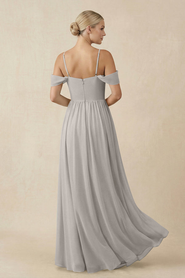 Off - the - Shoulder Sweetheart A - Line Chiffon Bridesmaid Dress in Silver - SHE IS ME Bridesmaid Dresses