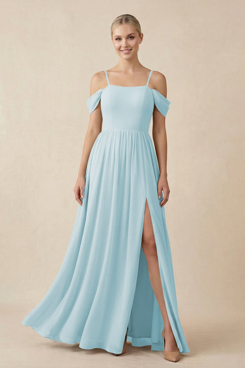 Off - the - Shoulder Sweetheart A - Line Chiffon Bridesmaid Dress in Sky Blue - KISS BRIDAL Bridesmaid Dresses