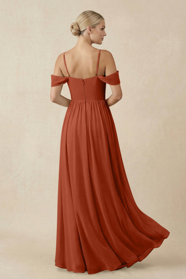 Off - the - Shoulder Sweetheart A - Line Chiffon Bridesmaid Dress in Spice - SHE IS ME Bridesmaid Dresses