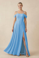 Off - the - Shoulder Sweetheart A - Line Chiffon Bridesmaid Dress in Steel Blue - KISS BRIDAL Bridesmaid Dresses