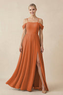 Off - the - Shoulder Sweetheart A - Line Chiffon Bridesmaid Dress in Terracotta - SHE IS ME Bridesmaid Dresses