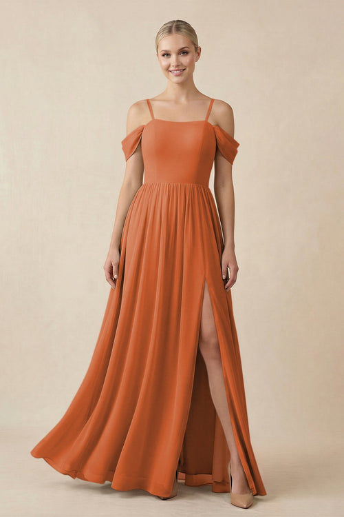 Off - the - Shoulder Sweetheart A - Line Chiffon Bridesmaid Dress in Terracotta - SHE IS ME Bridesmaid Dresses