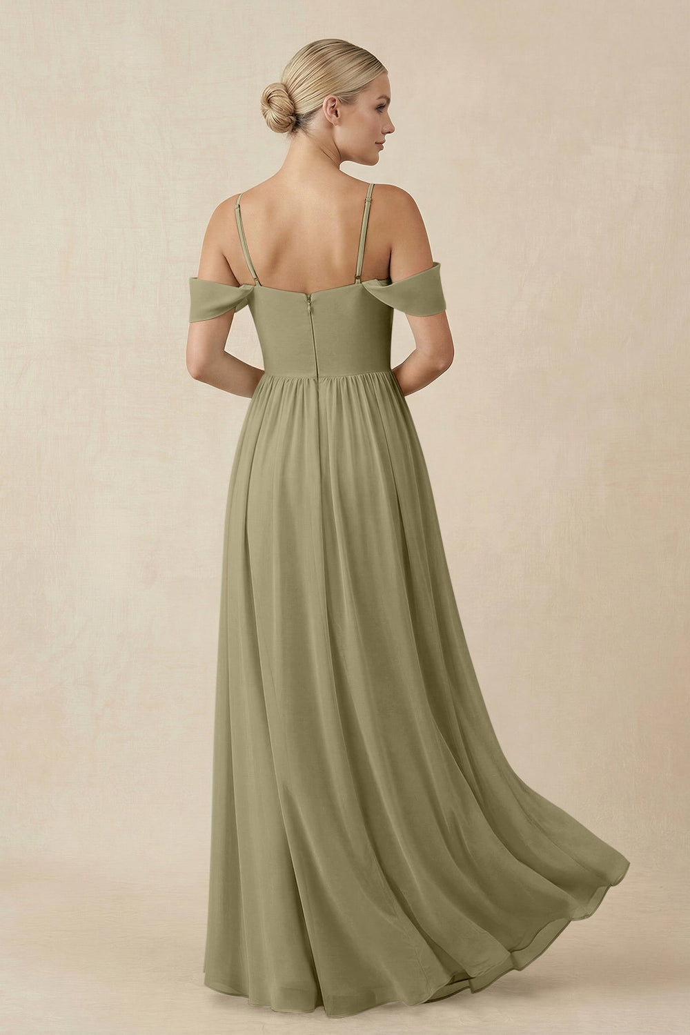 Off - the - Shoulder Sweetheart A - Line Chiffon Bridesmaid Dress in Thyme - SHE IS ME Bridesmaid Dresses