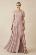 Off-the-Shoulder Sweetheart A-Line Chiffon Bridesmaid Dress in Toffee | KISSBRIDAL