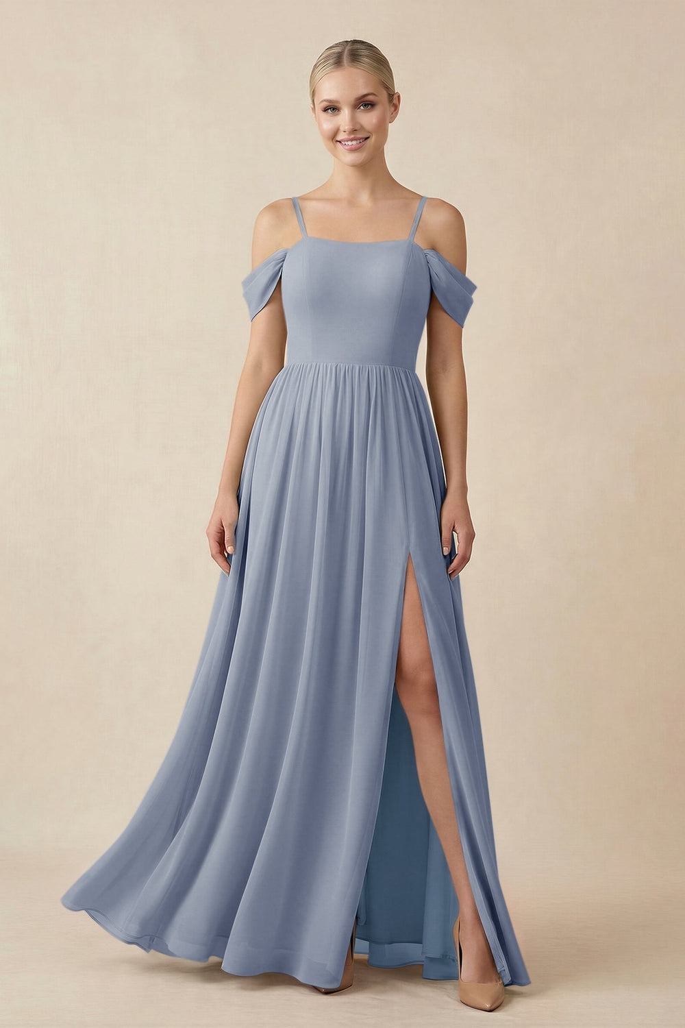 Off - the - Shoulder Sweetheart A - Line Chiffon Bridesmaid Dress in Twilight - SHE IS ME Bridesmaid Dresses