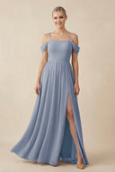 Off - the - Shoulder Sweetheart A - Line Chiffon Bridesmaid Dress in Twilight - KISS BRIDAL Bridesmaid Dresses