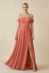 Off - the - Shoulder Sweetheart A - Line Chiffon Bridesmaid Dress in Wild Rose - KISS BRIDAL Bridesmaid Dresses