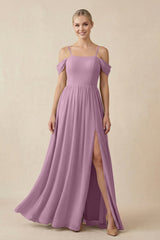 Off - the - Shoulder Sweetheart A - Line Chiffon Bridesmaid Dress in Wisteria - KISS BRIDAL Bridesmaid Dresses