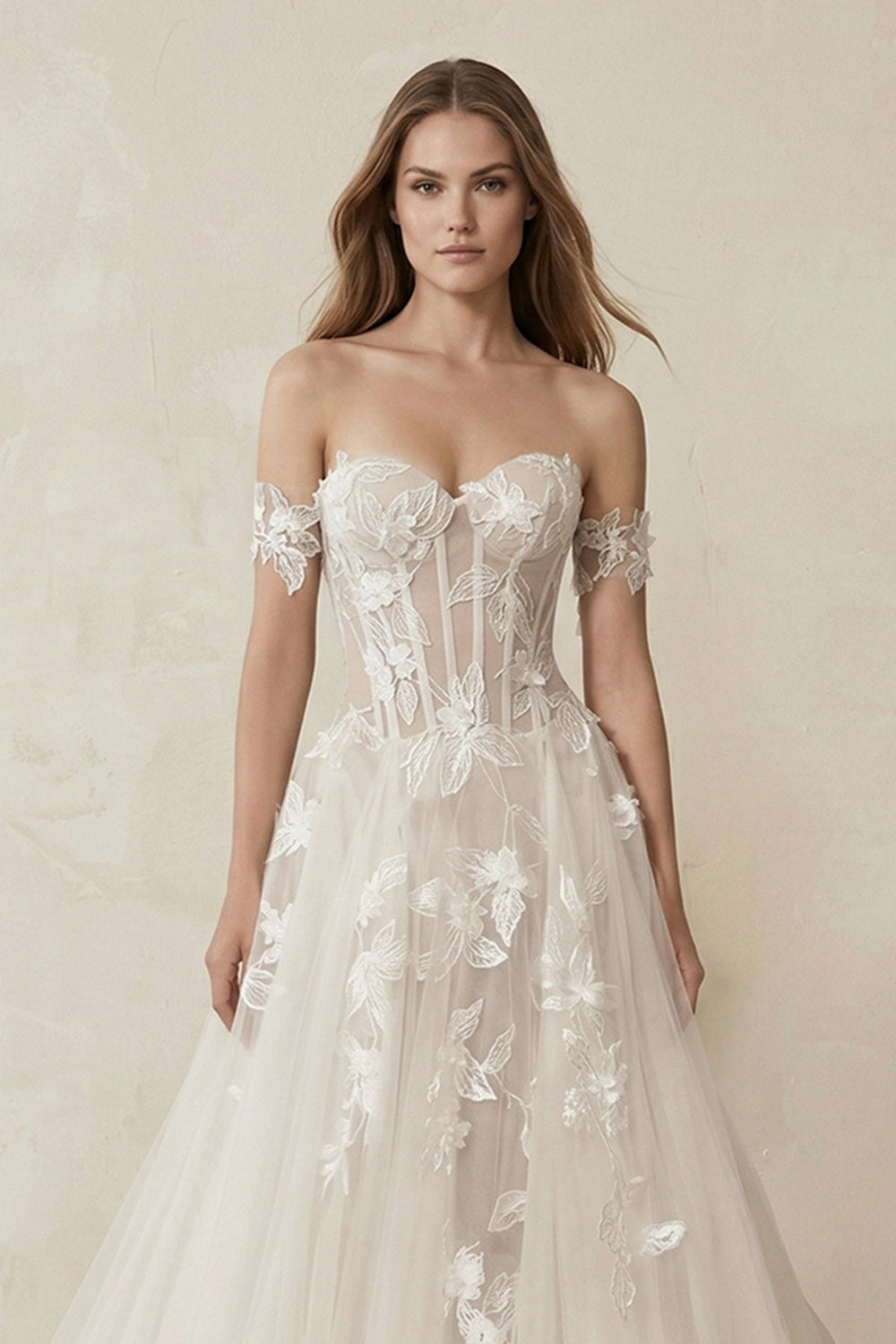 Off - the - Shoulder Tulle A - Line Corset Appliqued Wedding Dress in Ivory - KISS BRIDAL Wedding Dresses