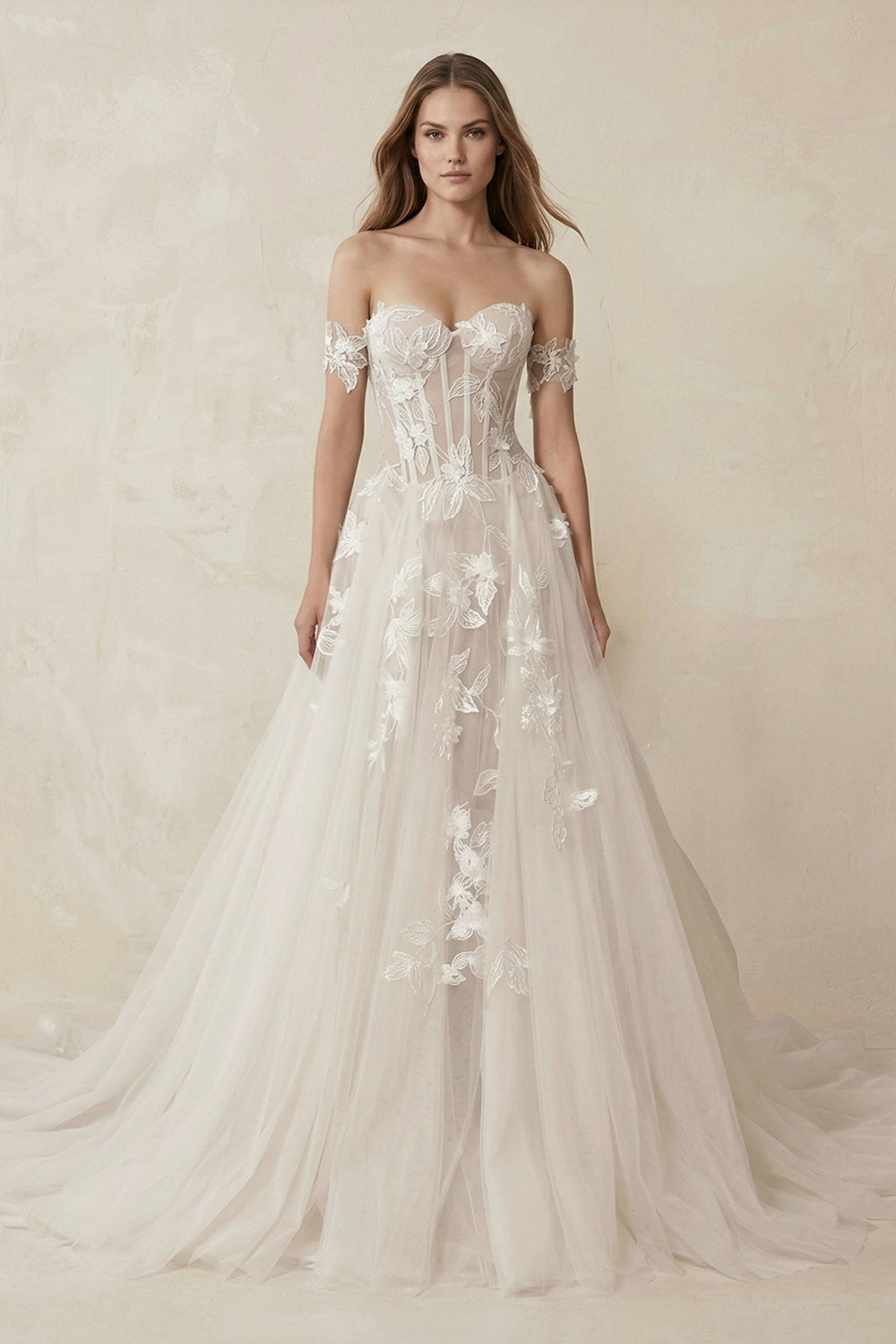 Off - the - Shoulder Tulle A - Line Corset Appliqued Wedding Dress in Ivory - KISS BRIDAL Wedding Dresses