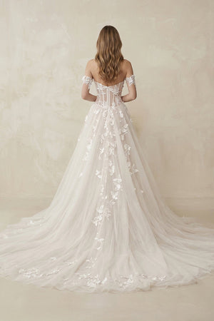 Off - the - Shoulder Tulle A - Line Corset Appliqued Wedding Dress in Ivory - SHE IS ME Wedding Dresses