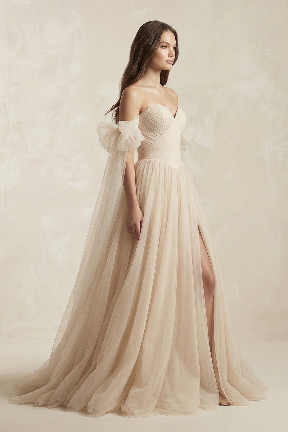 Off - the - Shoulder Tulle A - Line Wedding Dress in Champagne - KISS BRIDAL Wedding Dresses