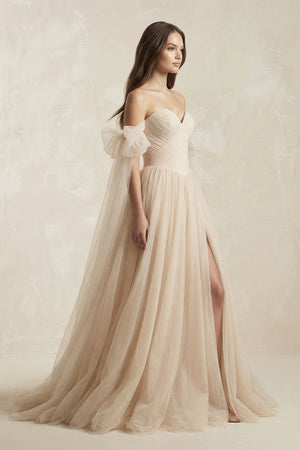 Off - the - Shoulder Tulle A - Line Wedding Dress in Champagne - SHE IS ME Wedding Dresses