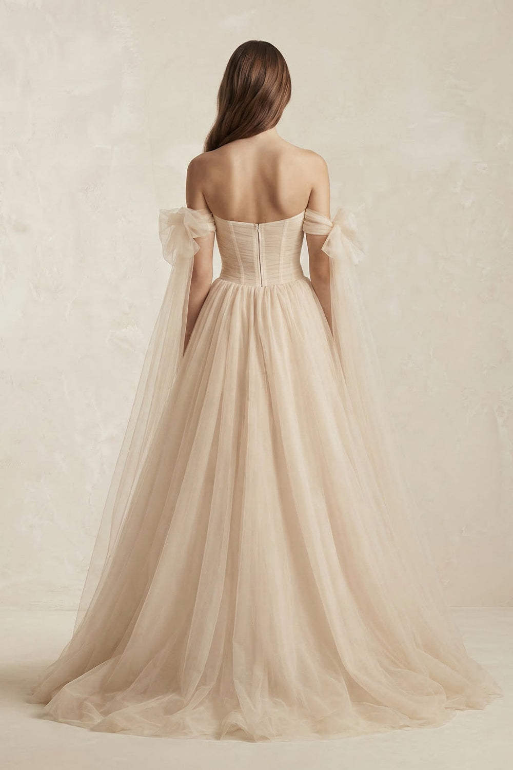Off - the - Shoulder Tulle A - Line Wedding Dress in Champagne - KISS BRIDAL Wedding Dresses