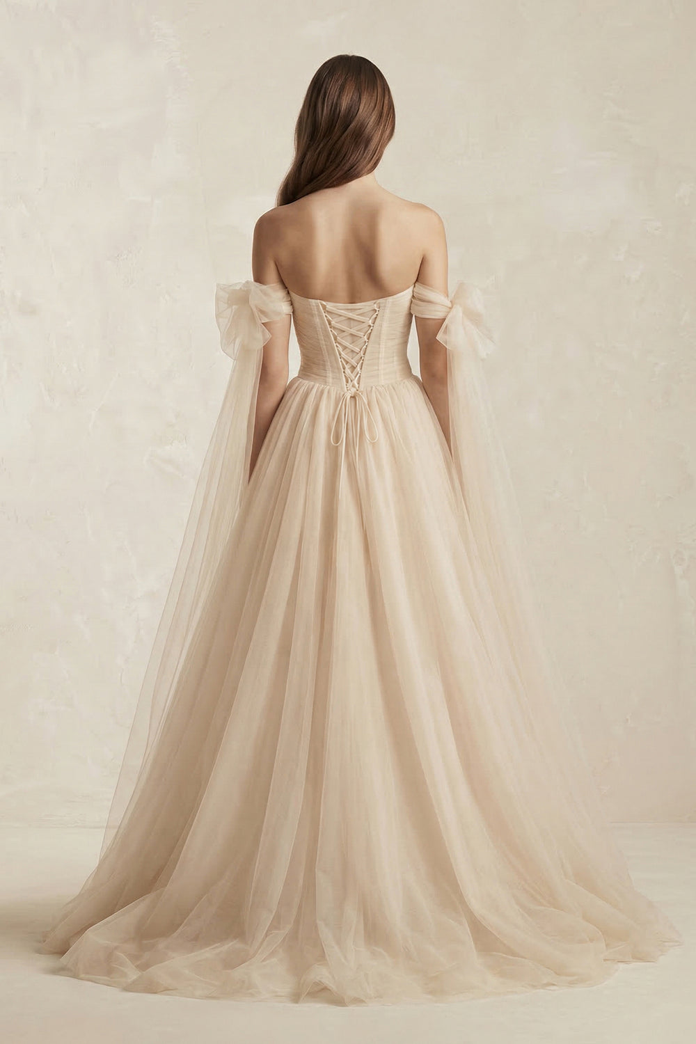 Off - the - Shoulder Tulle A - Line Wedding Dress in Champagne - KISS BRIDAL Wedding Dresses