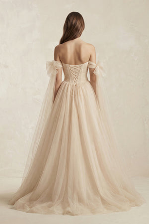 Off - the - Shoulder Tulle A - Line Wedding Dress in Champagne - KISS BRIDAL Wedding Dresses