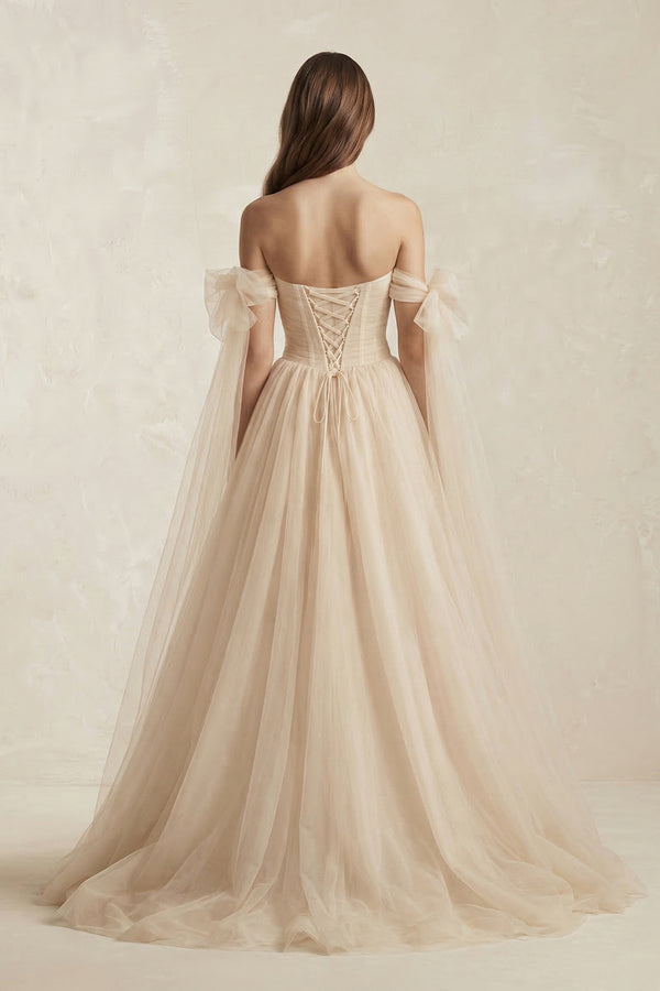 Off - the - Shoulder Tulle A - Line Wedding Dress in Champagne - KISS BRIDAL Wedding Dresses