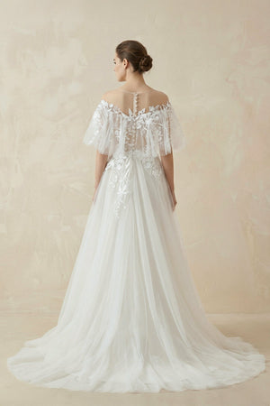 Off - the - Shoulder Tulle A - Line Wedding Dress with Appliqué - SHE IS ME Wedding Dresses