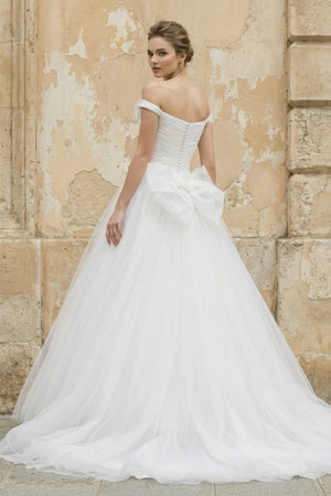 Off The Shoulder Tulle Ball Gown With Floral in White - SHE IS ME Wedding Dresses