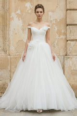 Off The Shoulder Tulle Ball Gown With Floral in White - KISS BRIDAL Wedding Dresses