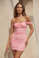 Off The Shoulder Tulle Mini Dress in Pink - SHE IS ME