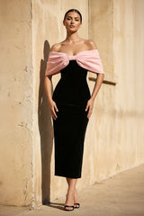 Off The Shoulder Velvet Midi Dress With Bow in Black and Pink - SHE IS ME