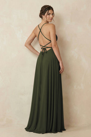 Olive A-Line Chiffon Bridesmaid Dress With Slit (2) | KISSBRIDAL