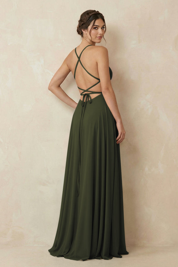 Olive A-Line Chiffon Bridesmaid Dress With Slit (2) | KISSBRIDAL