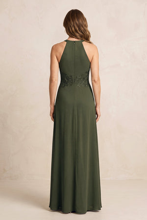Olive A-Line Chiffon Embroidered Halter Mother of the Bride Dress (2) | KISSBRIDAL