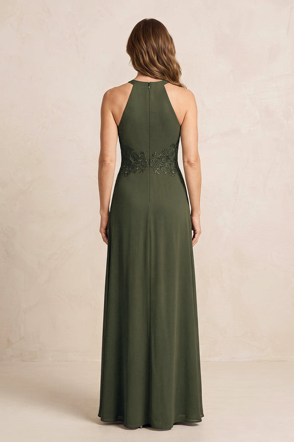 Olive A-Line Chiffon Embroidered Halter Mother of the Bride Dress (2) | KISSBRIDAL
