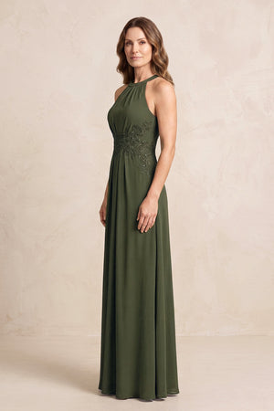 Olive A-Line Chiffon Embroidered Halter Mother of the Bride Dress (3) | KISSBRIDAL