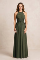 Olive A-Line Chiffon Embroidered Halter Mother of the Bride Dress | KISSBRIDAL