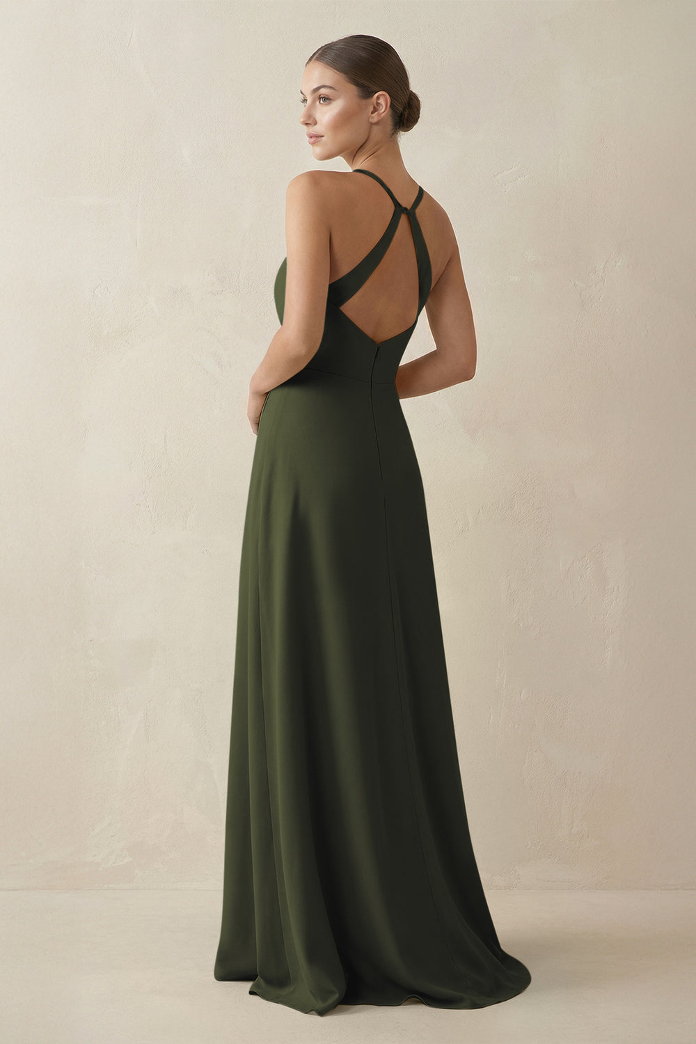 A-Line Chiffon Long Bridesmaid Dress With Slit in Olive