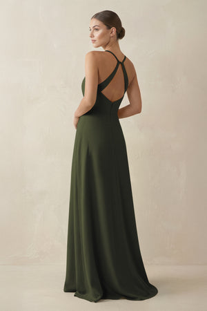 Olive A-Line Chiffon Long Bridesmaid Dress With Slit (2) | KISSBRIDAL