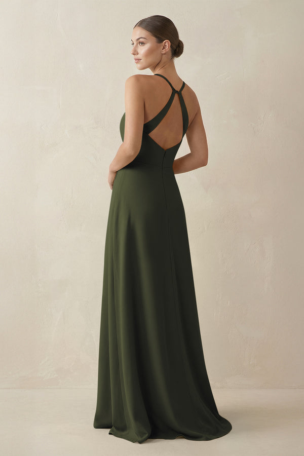 Olive A-Line Chiffon Long Bridesmaid Dress With Slit (2) | KISSBRIDAL